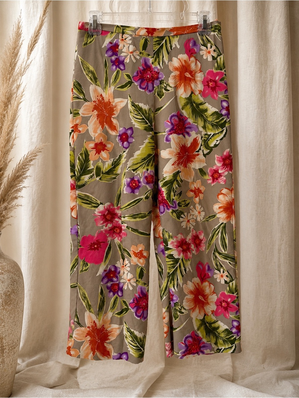 Nicole Taupe Cropped Wide-Leg Pants with Pink, Orange & Purple Floral Print